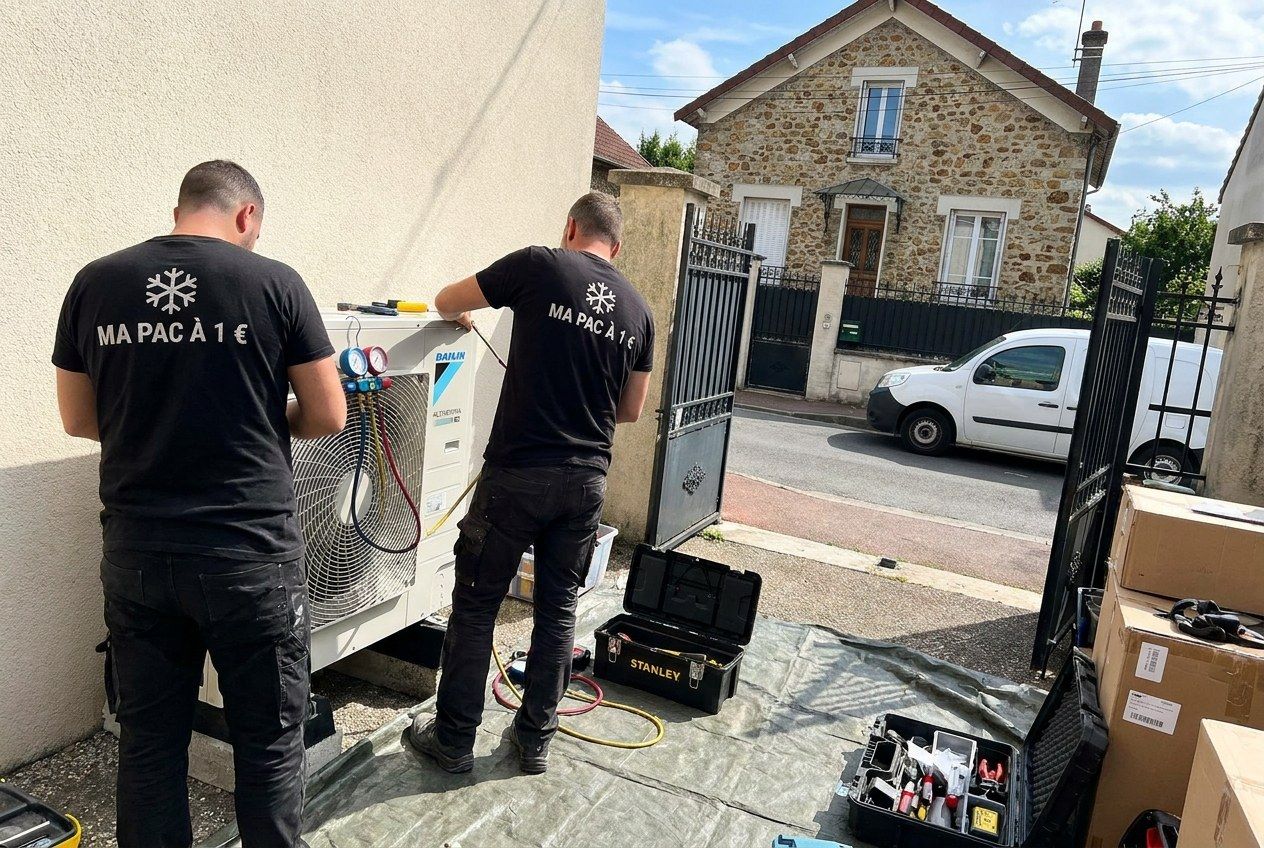 Deux techniciens de dos branchent des manomètres sur une unité Daikin Altherma
