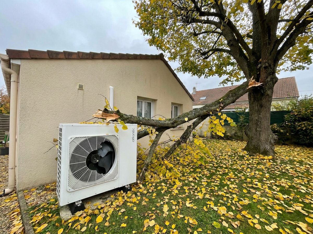 Branche de tilleul tombée sur l'unité extérieure, grille enfoncée