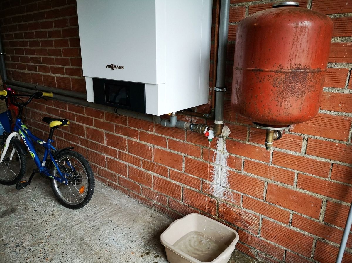 Vase d'expansion rouillé et bassine sous une soupape qui goutte dans un garage