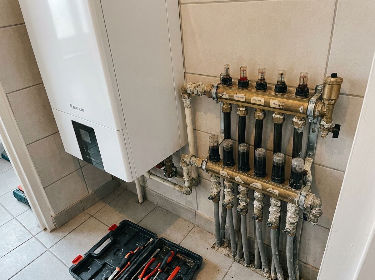 Collecteur de plancher chauffant entartré avec débitmètres remplis d'eau noire