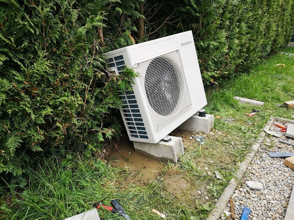 Unité Panasonic posée de travers sur des parpaings contre une haie de thuyas