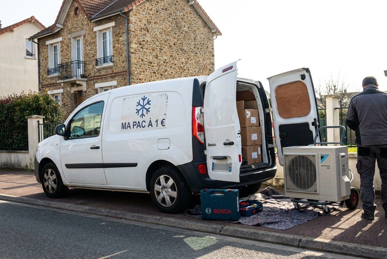 Utilitaire blanc portes ouvertes devant une maison en meulière, unité extérieure sur un diable